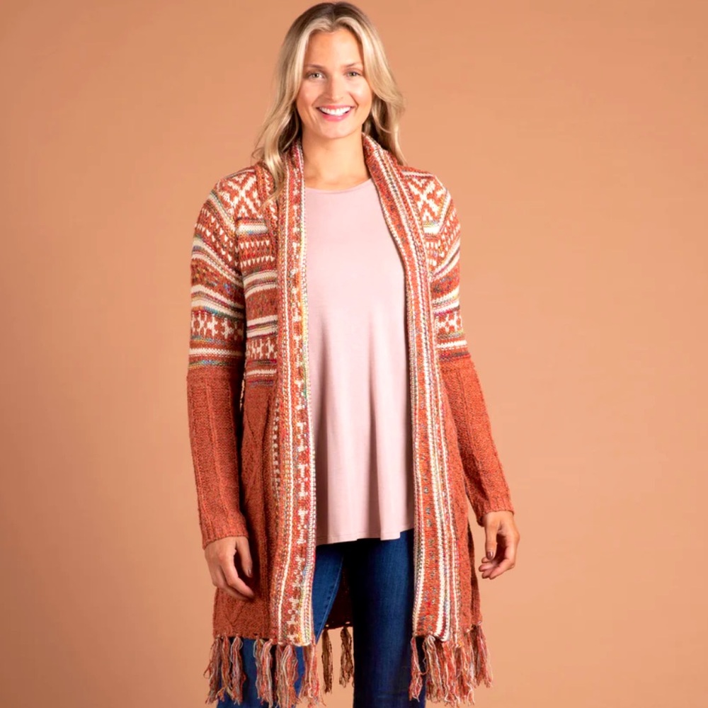 NWT, Long Aztec Duster Cardigan Sweater, Fall Colors, Fringe